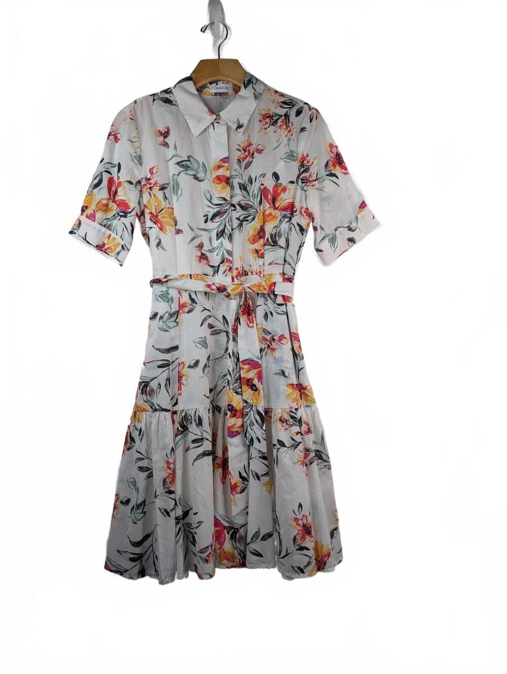 Calvin Klein Floral Midi Dress with Point Collar and Self-Tie Waist Size 6